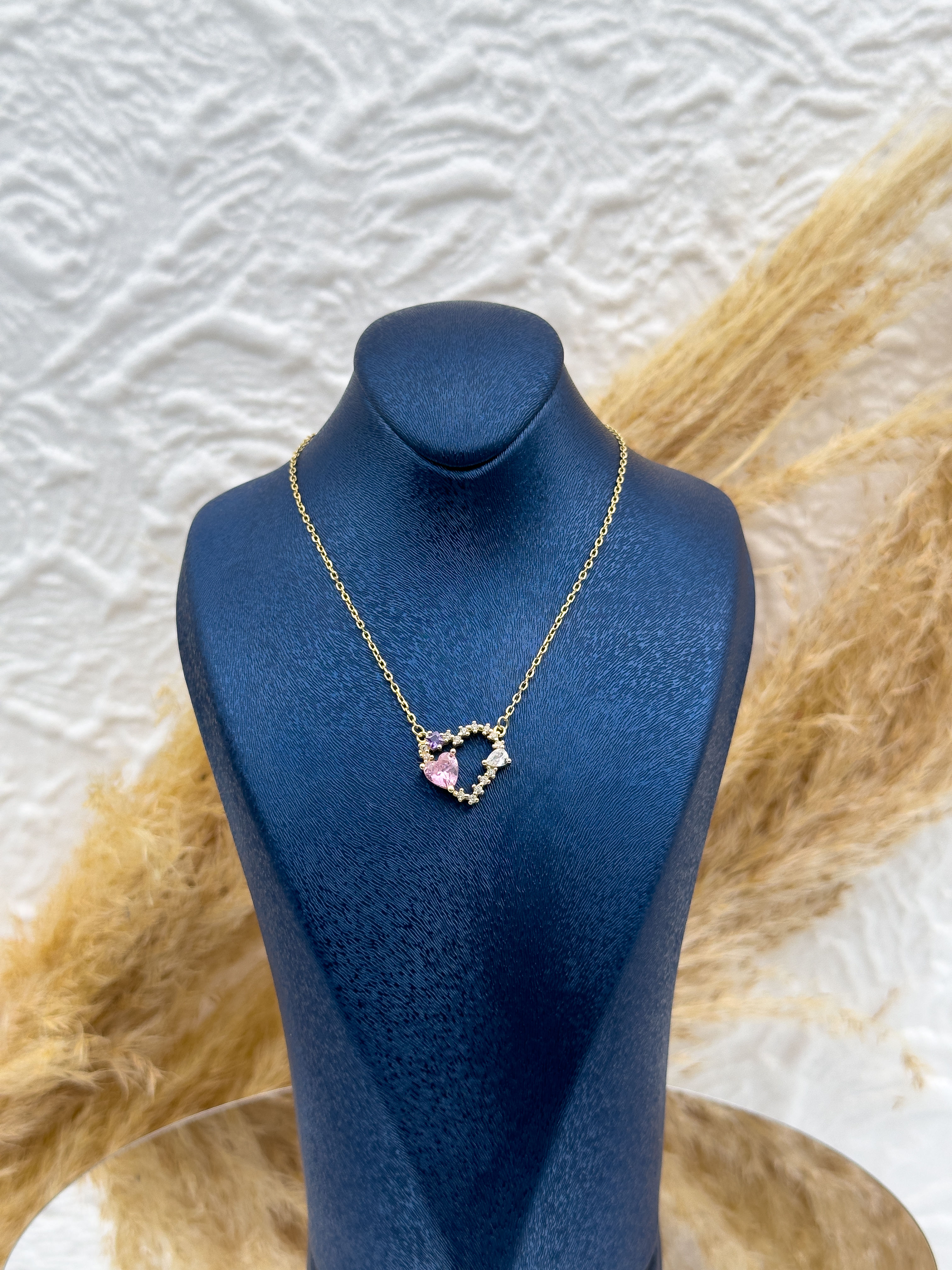 925 Ayar Gümüş Gold Renk Pembe Kuvars Taşlı Kalpli Kadın Kolye – Özel Tasarım Hediyelik